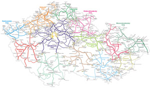 Železniční mapa ČR (rozdělení podle krajů)