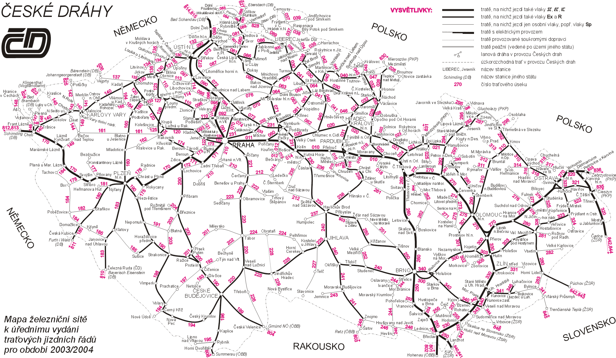 Železniční mapa České republiky - příloha k jízdnímu řádu 2003/2004