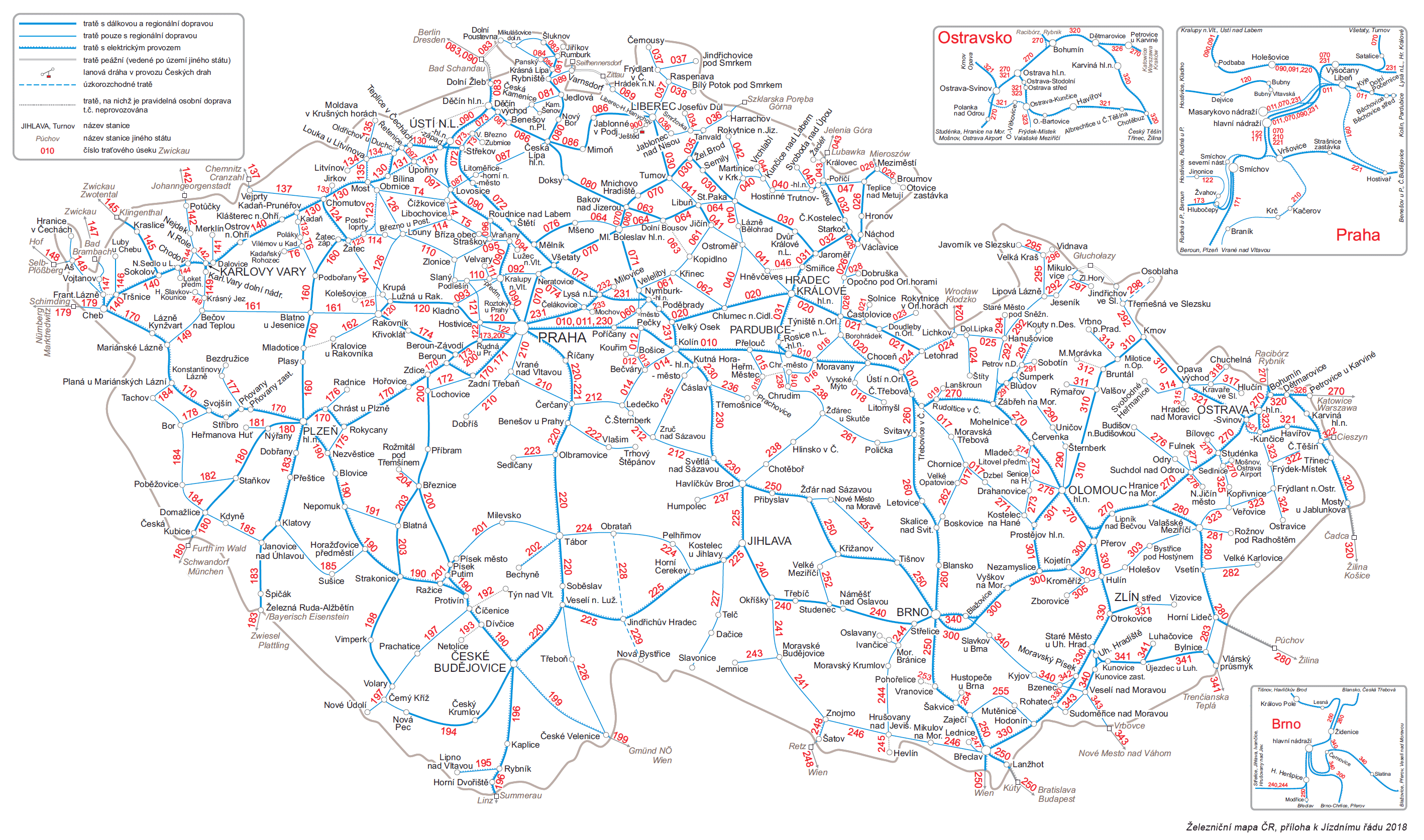 Železniční mapa České republiky - příloha k jízdnímu řádu 2018