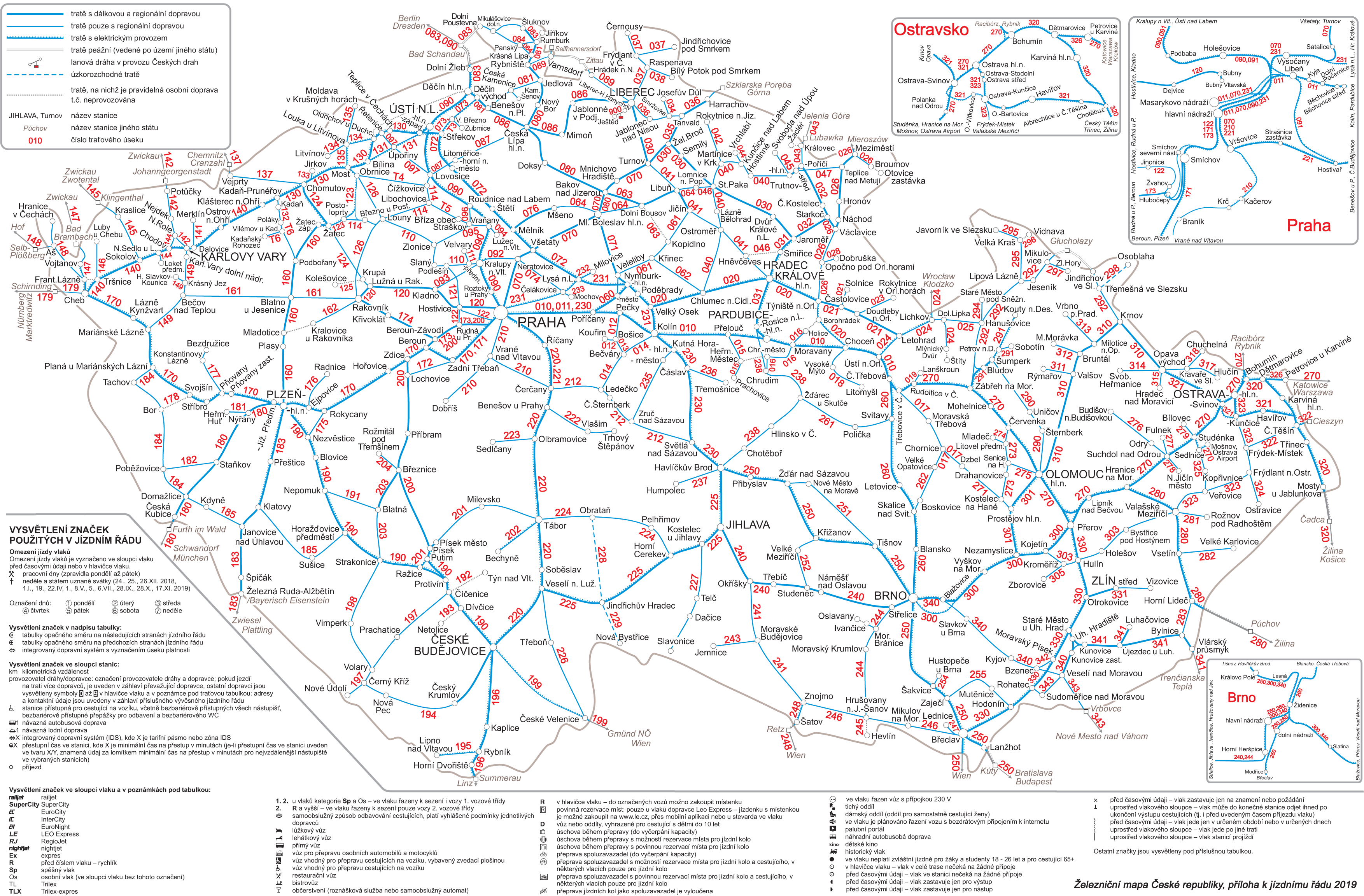 Železniční mapa České republiky - příloha k jízdnímu řádu 2019