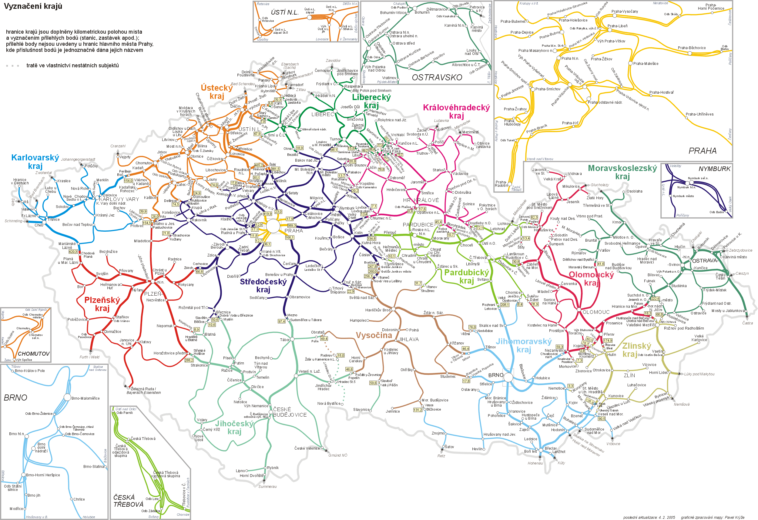 Železniční mapa České republiky - rozdělení tratí podle krajů